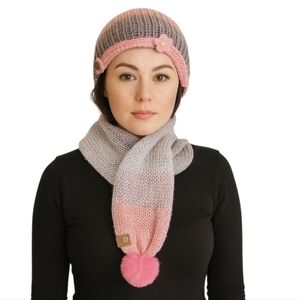 Hand Crafted Crochet 100% wool Scarf & Beanie Handmade 2pc Set winter hat Pink
